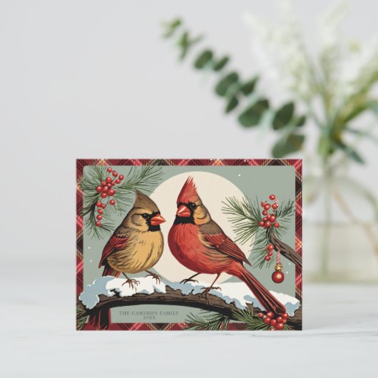 ヴィンテージプレイドクリスマス(鳥)ショウジョウコウカンチョウバーズレッド シーズンポストカード (スタンド正面)