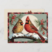 ヴィンテージプレイドクリスマス(鳥)ショウジョウコウカンチョウバーズレッド シーズンポストカード (正面/裏面)