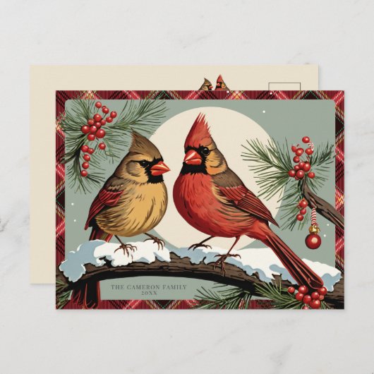 ヴィンテージプレイドクリスマス（鳥）ショウジョウコウカンチョウバーズレッド シーズンポストカード (正面/裏面)