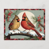 ヴィンテージプレイドクリスマス（鳥）ショウジョウコウカンチョウバーズレッド シーズンポストカード (正面)