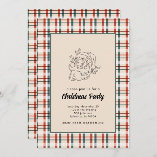 ヴィンテージプレイドサンタクリスマスパーティの招待状 招待状 (正面/裏面)