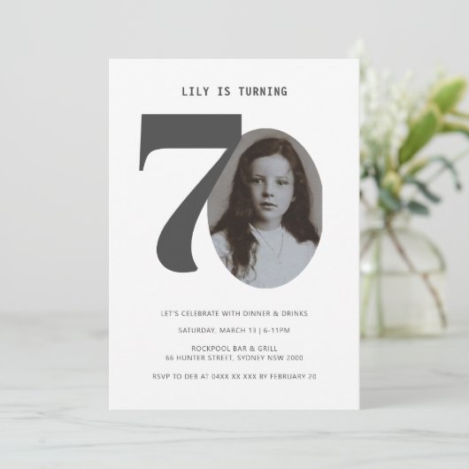 ヴィンテージプレイド70誕生日フォト招待状 招待状 (スタンド正面)