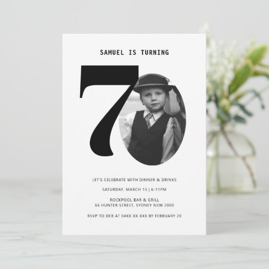 ヴィンテージプレイド70誕生日フォト招待状 招待状 (スタンド正面)