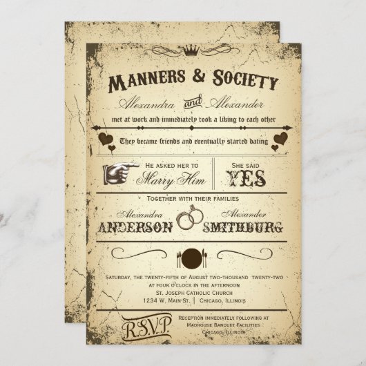 ヴィンテージプレイビルストーリフォーマルーライン結婚式2 招待状 (正面/裏面)