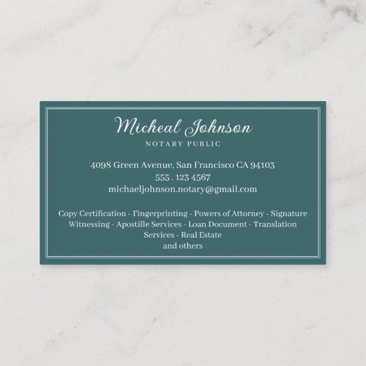ヴィンテージプロフェッショナルティール（緑がかった色）カスタム公証人サービス 名刺 (裏面)