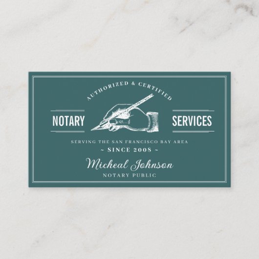 ヴィンテージプロフェッショナルティール（緑がかった色）カスタム公証人サービス 名刺 (正面)