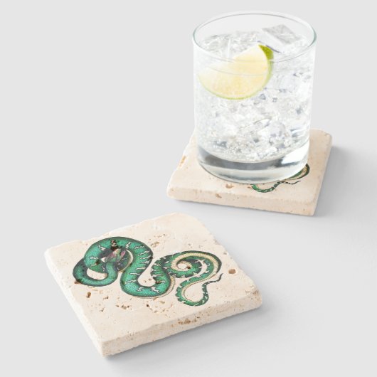 ヴィンテージヘビイラストレーション爬虫類緑色の黄色 ストーンコースター (横)