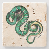 ヴィンテージヘビイラストレーション爬虫類緑色の黄色 ストーンコースター (正面)