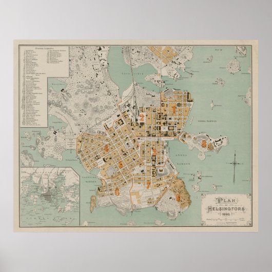 ヴィンテージヘルシンキフィンランドの地図(1893) ポスター (正面)