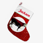 ヴィンテージヘレフォードカウオンスターリーレッド ラージクリスマスストッキング (正面 (吊り時))