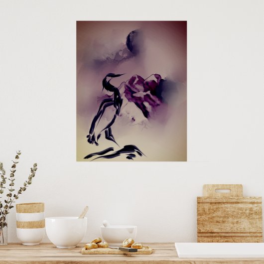 ヴィンテージヘロン絵画鳥の山の風景 ポスター (キッチン)