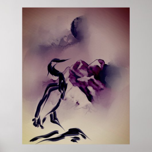 ヴィンテージヘロン絵画鳥の山の風景 ポスター (正面)