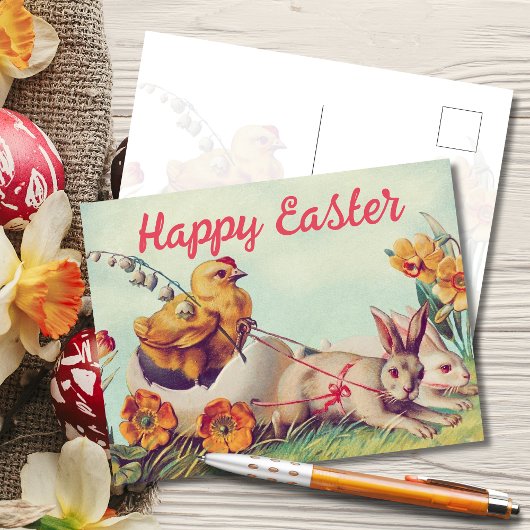 ヴィンテージヘンとバニーのキャリッジ・イースター シーズンポストカード