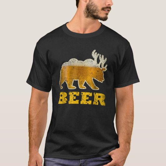 ヴィンテージベアおもしろい鹿レトロ飲みビール Tシャツ (正面)
