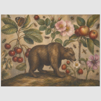 ヴィンテージベアと果樹園の植物油絵 薄葉紙