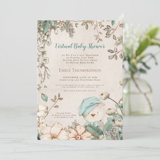 ヴィンテージベアアンティークホワイトバーチャルベビーシャワー 招待状 (スタンド正面)