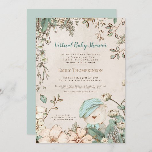 ヴィンテージベアアンティークホワイトバーチャルベビーシャワー 招待状 (正面/裏面)