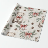 ヴィンテージベアニュートラルとソフトレッドボウ ラッピングペーパー (アンロールド)