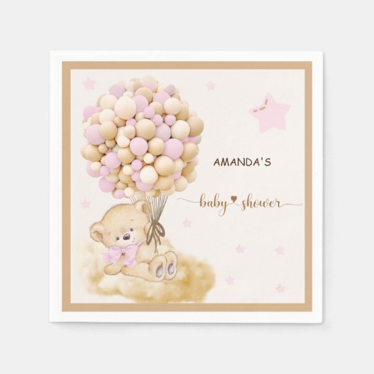ヴィンテージベアーデコールベビーガールシャワーピンク スタンダードカクテルナプキン (正面)