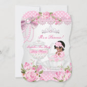 ヴィンテージベイビーシャワーかわいい女の子ピンクローズティーパーティー 招待状 (正面)