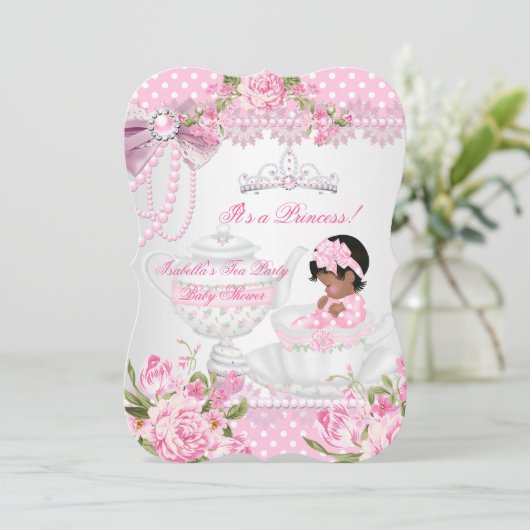 ヴィンテージベイビーシャワーかわいい女の子ピンクローズティーパーティー 招待状 (スタンド正面)