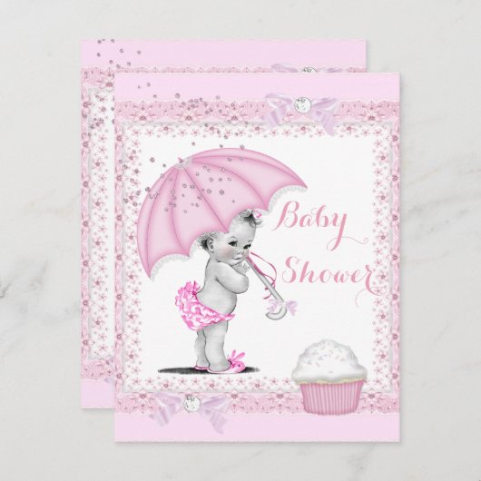 ヴィンテージベイビーシャワーガールピンク傘カップケーキ 招待状 (正面/裏面)