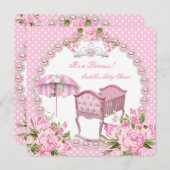 ヴィンテージベイビーシャワーガールピンク傘クレードル 招待状 (正面/裏面)