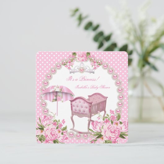 ヴィンテージベイビーシャワーガールピンク傘クレードル 招待状 (スタンド正面)