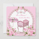 ヴィンテージベイビーシャワーガールピンク傘クレードル 招待状 (正面)
