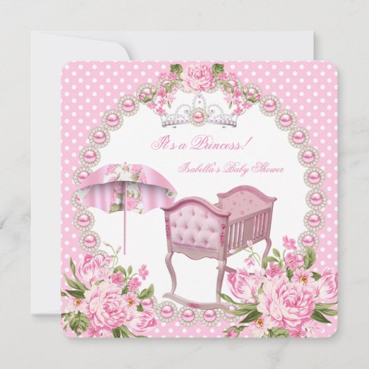 ヴィンテージベイビーシャワーガールピンク傘クレードル 招待状 (正面)