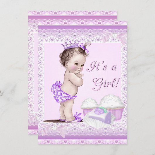 ヴィンテージベイビーシャワーガールラベンダーレースカップケーキ 招待状 (正面/裏面)