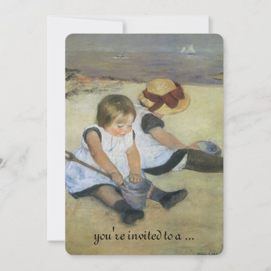 ヴィンテージベイビーシャワー、子供たちがビーチにCassatt 招待状 (正面)