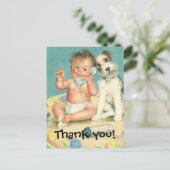 ヴィンテージベビーが子犬と話すありがとう ポストカード (スタンド正面)