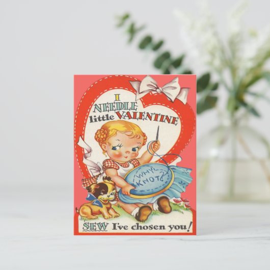 ヴィンテージベビーと子犬は針の点バレンタイン シーズンポストカード (スタンド正面)