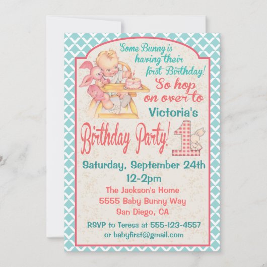ヴィンテージベビーの最初の誕生日パーティーの招待 招待状 (正面)