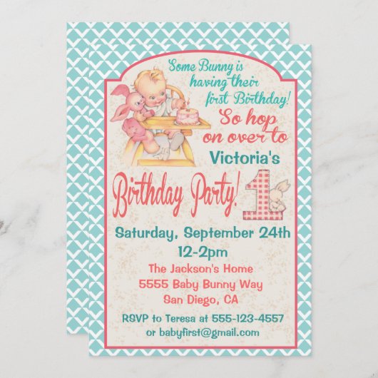 ヴィンテージベビーの最初の誕生日パーティーの招待 招待状 (正面/裏面)