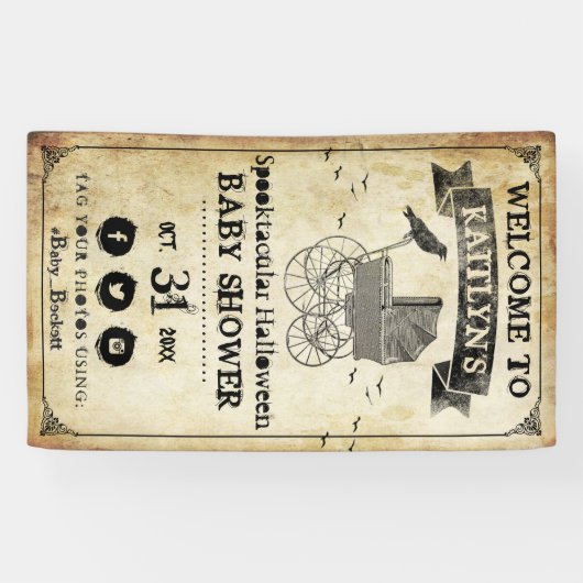 ヴィンテージベビーカーのハロウィーンベイビーシャワーへようこそ 横断幕 (横)