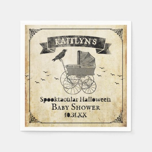 ヴィンテージベビーカーのハロウィーンベイビーシャワー スタンダードカクテルナプキン (正面)