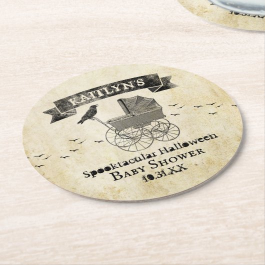 ヴィンテージベビーカーのハロウィーンベイビーシャワー ラウンドペーパーコースター (アングル)