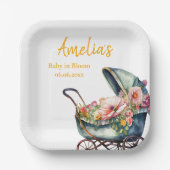 ヴィンテージベビーカーパーソナライズされたの赤ちゃんシャワー ペーパープレート (正面)