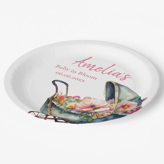 ヴィンテージベビーカーパーソナライズされたの赤ちゃんシャワー ペーパープレート (アングル)