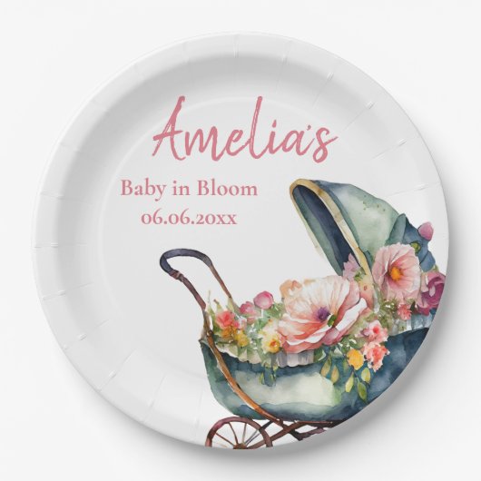 ヴィンテージベビーカーパーソナライズされたの赤ちゃんシャワー ペーパープレート (正面)