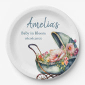 ヴィンテージベビーカーパーソナライズされたの赤ちゃんシャワー ペーパープレート (正面)