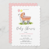 ヴィンテージベビーカーピンクの女の子ベビーシャワー招待状 招待状 (正面/裏面)