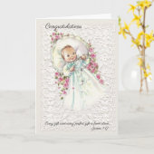 ヴィンテージベビーガールとロザリーピンクのバラ カード (黄色い花)