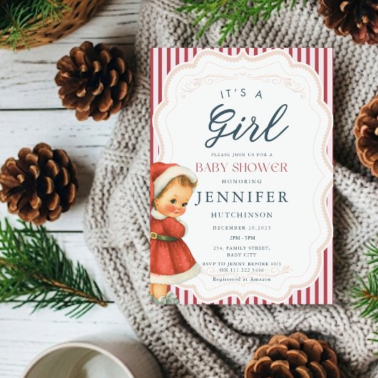 ヴィンテージベビーガールクリスマス赤ちゃんシャワー 招待状