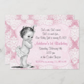 ヴィンテージベビーガールシックダマスク誕生日招待状 招待状 (正面/裏面)