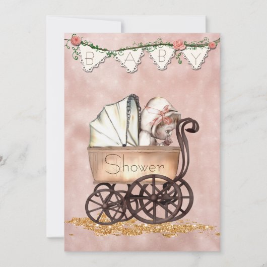 ヴィンテージベビーガールベビーシャワー招待状 招待状 (正面)