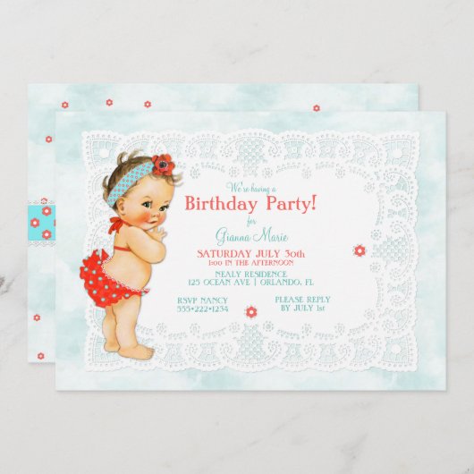 ヴィンテージベビーガール水着レースモノグラムバック 招待状 (正面/裏面)