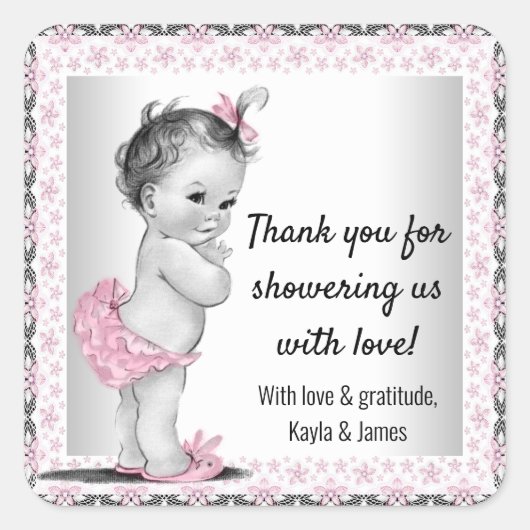 ヴィンテージベビーガール赤ちゃんシャワー優先ステッカー スクエアシール (正面)